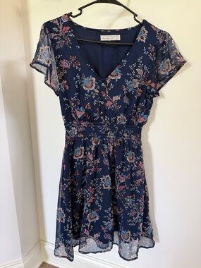 Abercrombie & Fitch Navy Floral V-Neck Smocked-Waist Mini Dress